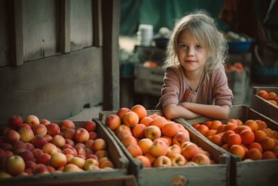 little girl at a farmer's market standing over boxes of peaches